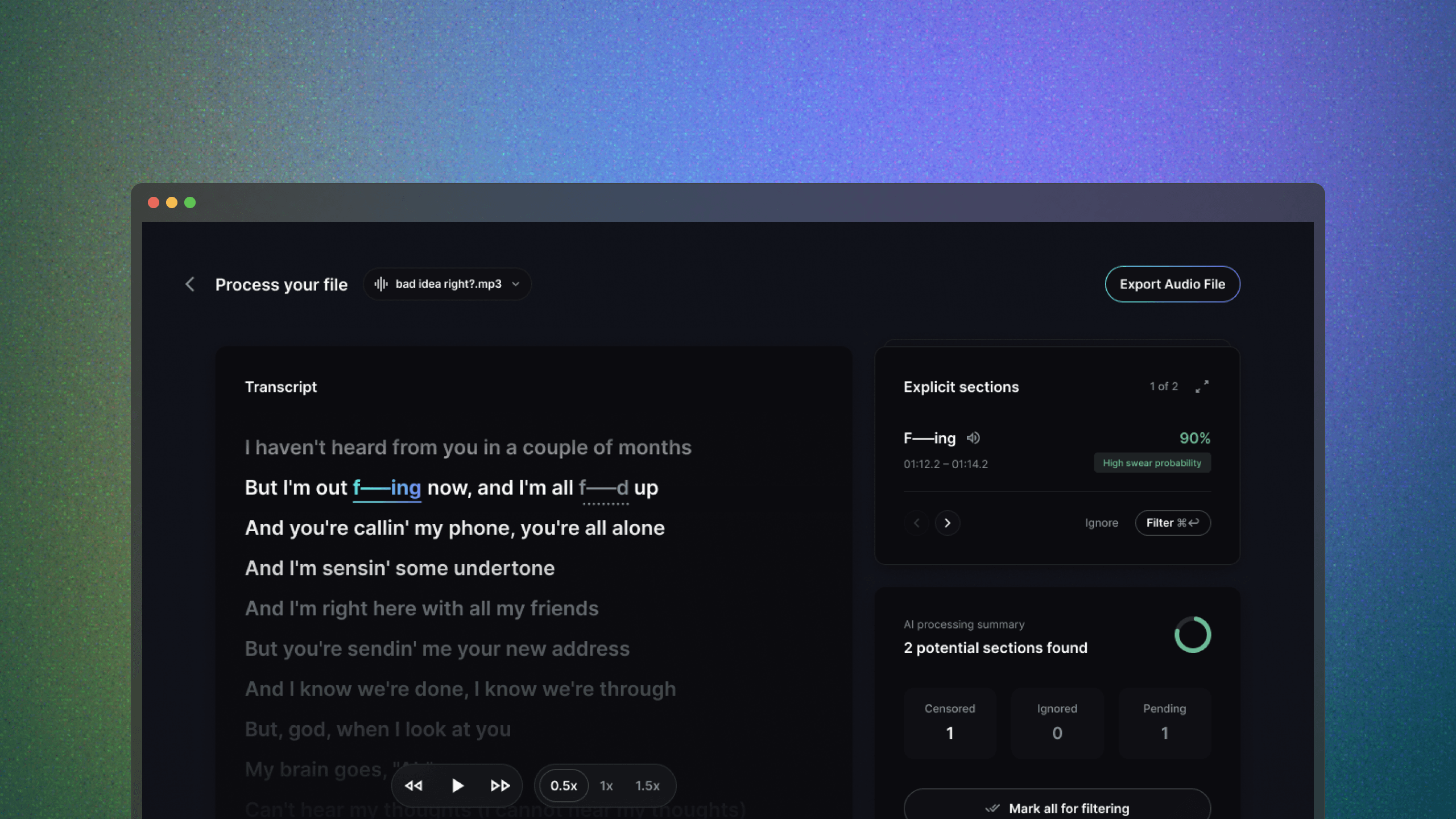 SwearSwap desktop app: transcript with profanity detection and filtering controls