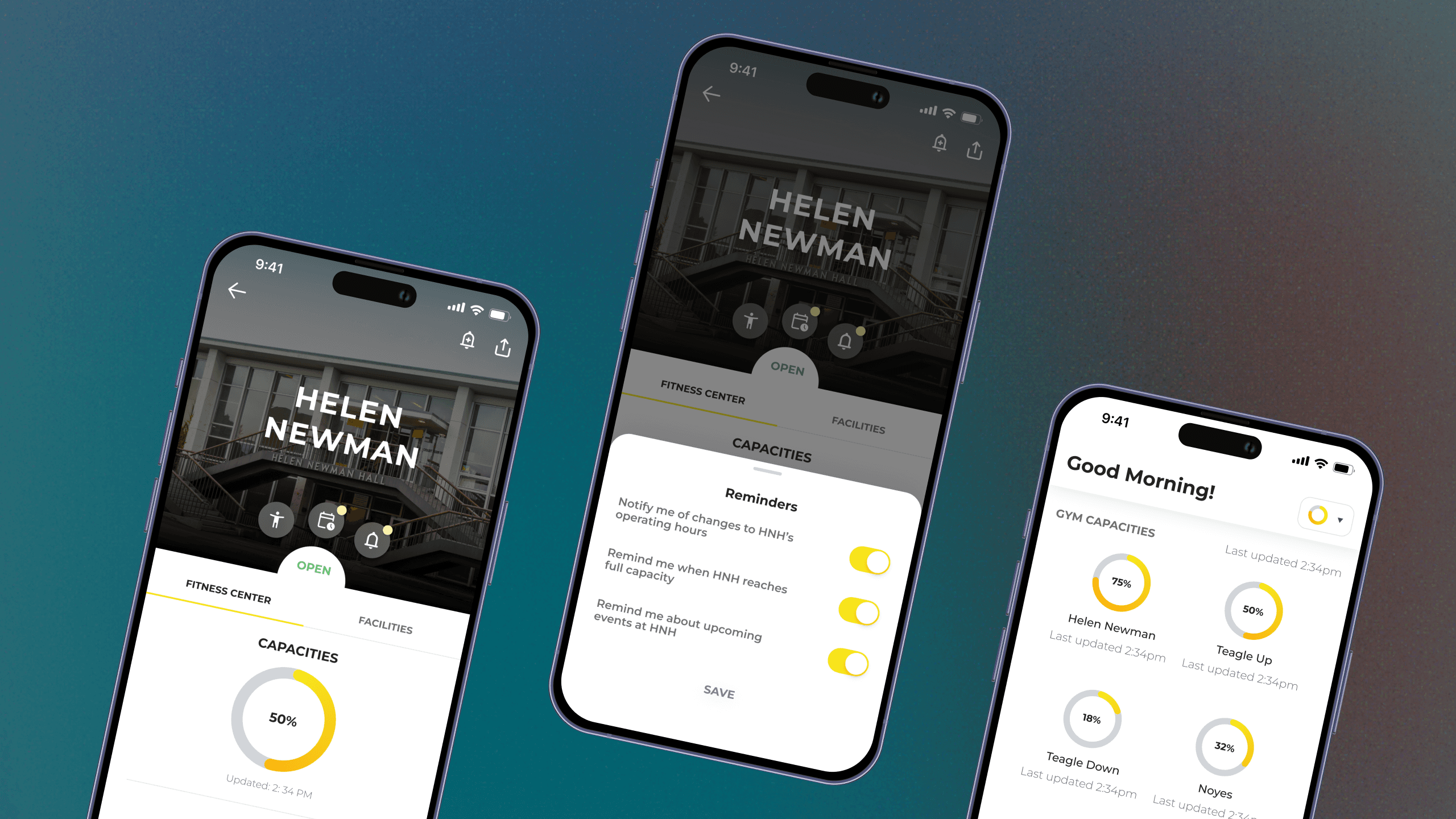 Uplift app mockups: gym capacities, reminders, and facility dashboard